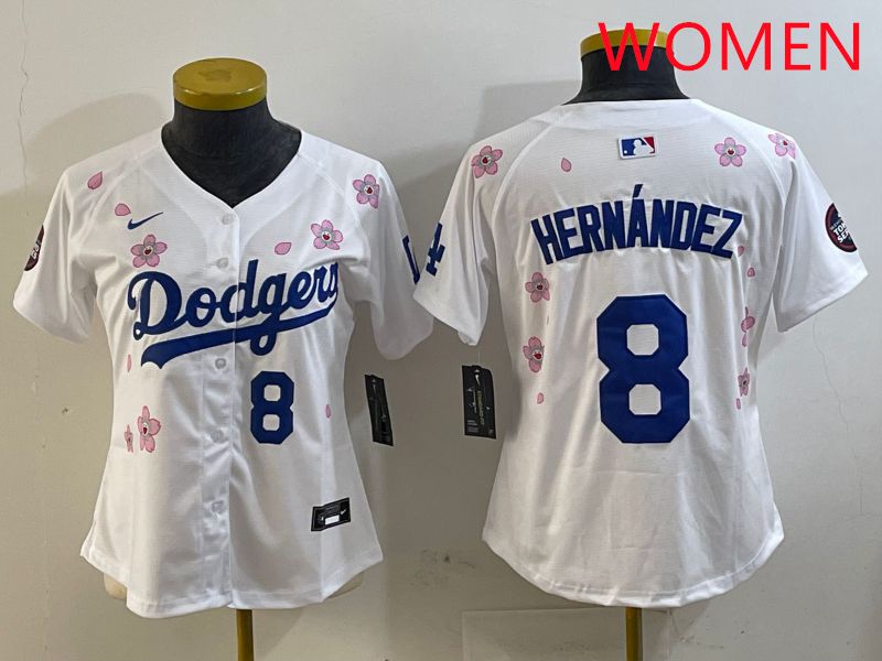 Women Los Angeles Dodgers #8 Hernandez White Sakura Edition 2025 Nike MLB Jersey style 6